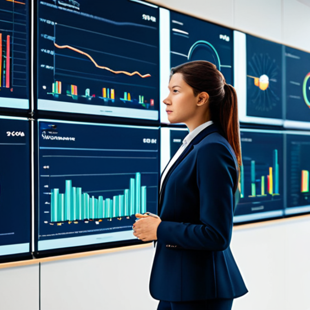 A professional female marketing analyst, fully clothed in a modest business blazer and trousers, stands confidently in a sleek, modern office. She is looking at large, illuminated digital screens displaying intricate, abstract data visualizations that subtly blend with soft-hued representations of human emotion or thought bubbles. Her posture is natural, suggesting deep thought and understanding. The background features blurred city views, emphasizing a global perspective. The image is a professional photograph with soft, natural lighting. Perfect anatomy, correct proportions, natural pose, well-formed hands, proper finger count, natural body proportions, safe for work, appropriate content, fully clothed, professional dress.
