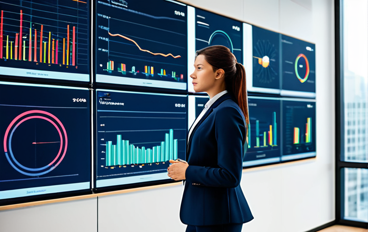 A professional female marketing analyst, fully clothed in a modest business blazer and trousers, stands confidently in a sleek, modern office. She is looking at large, illuminated digital screens displaying intricate, abstract data visualizations that subtly blend with soft-hued representations of human emotion or thought bubbles. Her posture is natural, suggesting deep thought and understanding. The background features blurred city views, emphasizing a global perspective. The image is a professional photograph with soft, natural lighting. Perfect anatomy, correct proportions, natural pose, well-formed hands, proper finger count, natural body proportions, safe for work, appropriate content, fully clothed, professional dress.