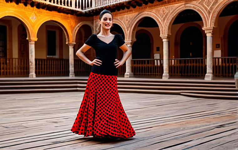 **

A vibrant flamenco dancer in a flowing, red and black polka-dot dress, fully clothed, performing on a wooden stage in Seville, Spain. The background includes traditional Spanish architecture and warm lighting. Professional photography, perfect anatomy, correct proportions, natural pose, safe for work, appropriate content, modest, family-friendly.

**