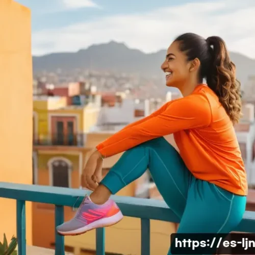 Home 33 행동 변화의 심리적 기초 이해하기 - A vibrant, warm scene of a Hispanic young woman in casual athletic wear doing a morning stretching r...
