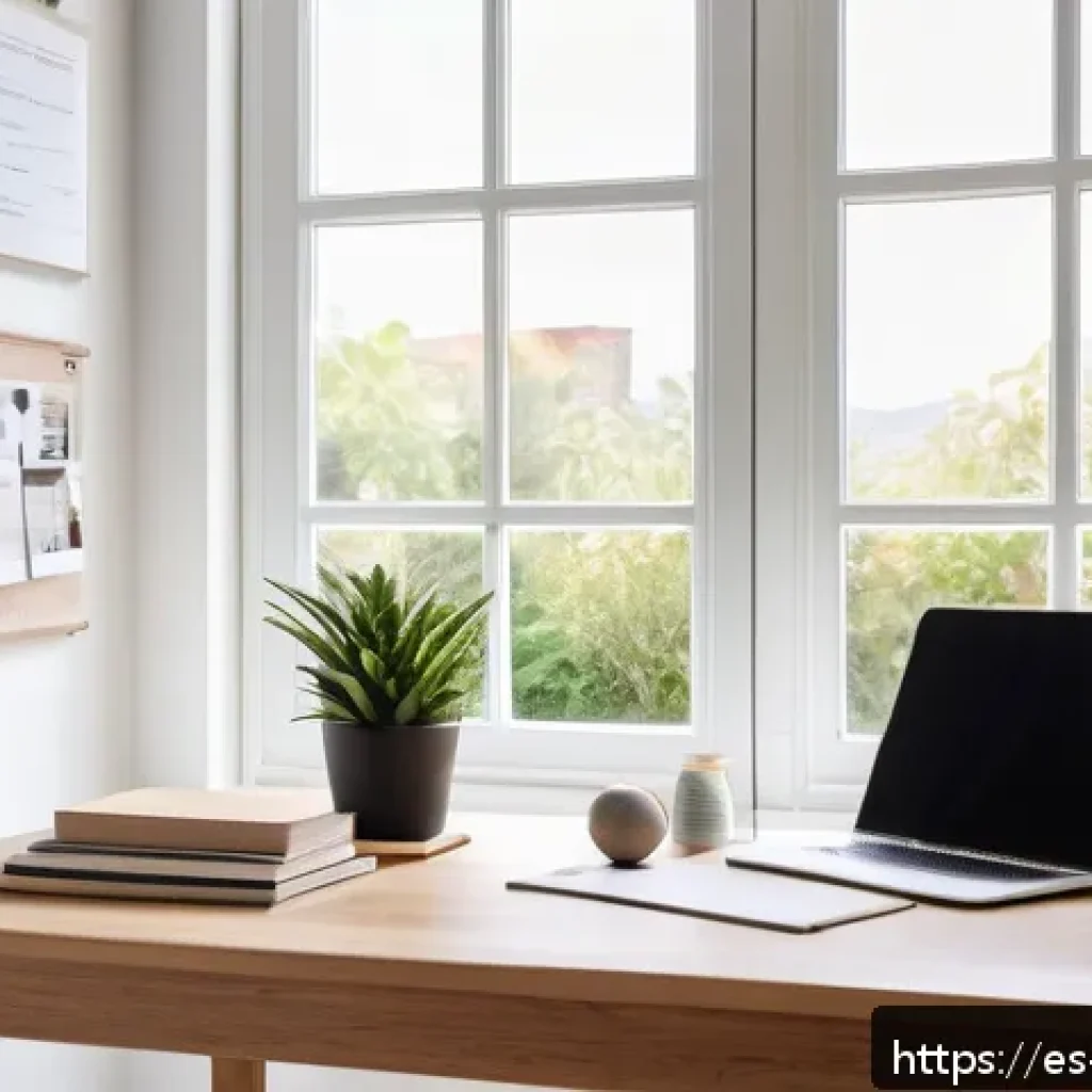 행동 변화 이론의 실제 적용 사례 분석 - A bright and tidy home office space designed to encourage healthy habits, featuring a clean desk wit...