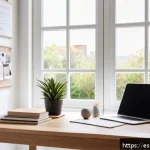 Home 20 행동 변화 이론의 실제 적용 사례 분석 - A bright and tidy home office space designed to encourage healthy habits, featuring a clean desk wit...