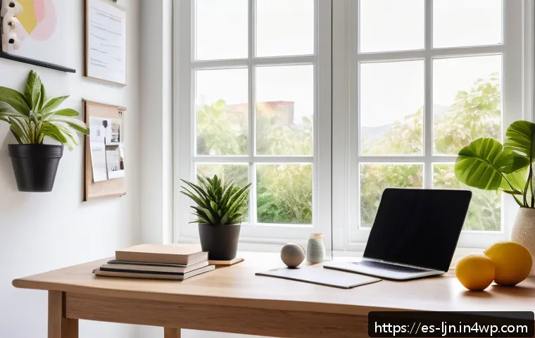 행동 변화 이론의 실제 적용 사례 분석 - A bright and tidy home office space designed to encourage healthy habits, featuring a clean desk wit...