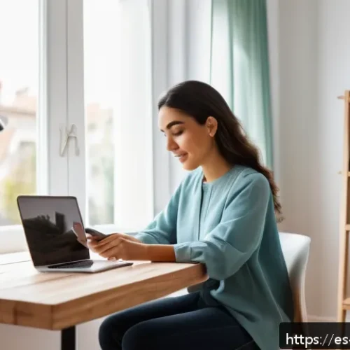 Home 31 행동 변화 학습을 위한 유용한 앱 소개 - A bright and cozy modern home office setting with a young Hispanic woman using a smartphone and lapt...