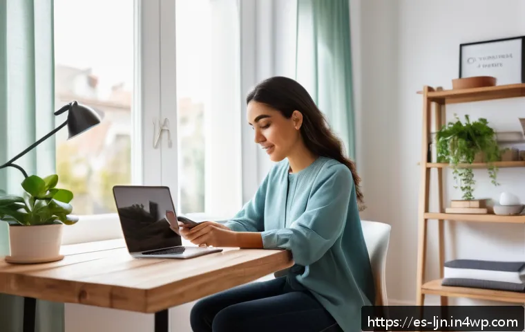 행동 변화 학습을 위한 유용한 앱 소개 - A bright and cozy modern home office setting with a young Hispanic woman using a smartphone and lapt...