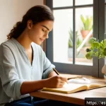 Home 18 행동 변화 모델 개발을 위한 필수 요소 - A cozy, modern Spanish living room scene showing a young adult thoughtfully journaling at a wooden d...
