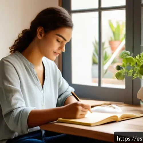 Home 30 행동 변화 모델 개발을 위한 필수 요소 - A cozy, modern Spanish living room scene showing a young adult thoughtfully journaling at a wooden d...